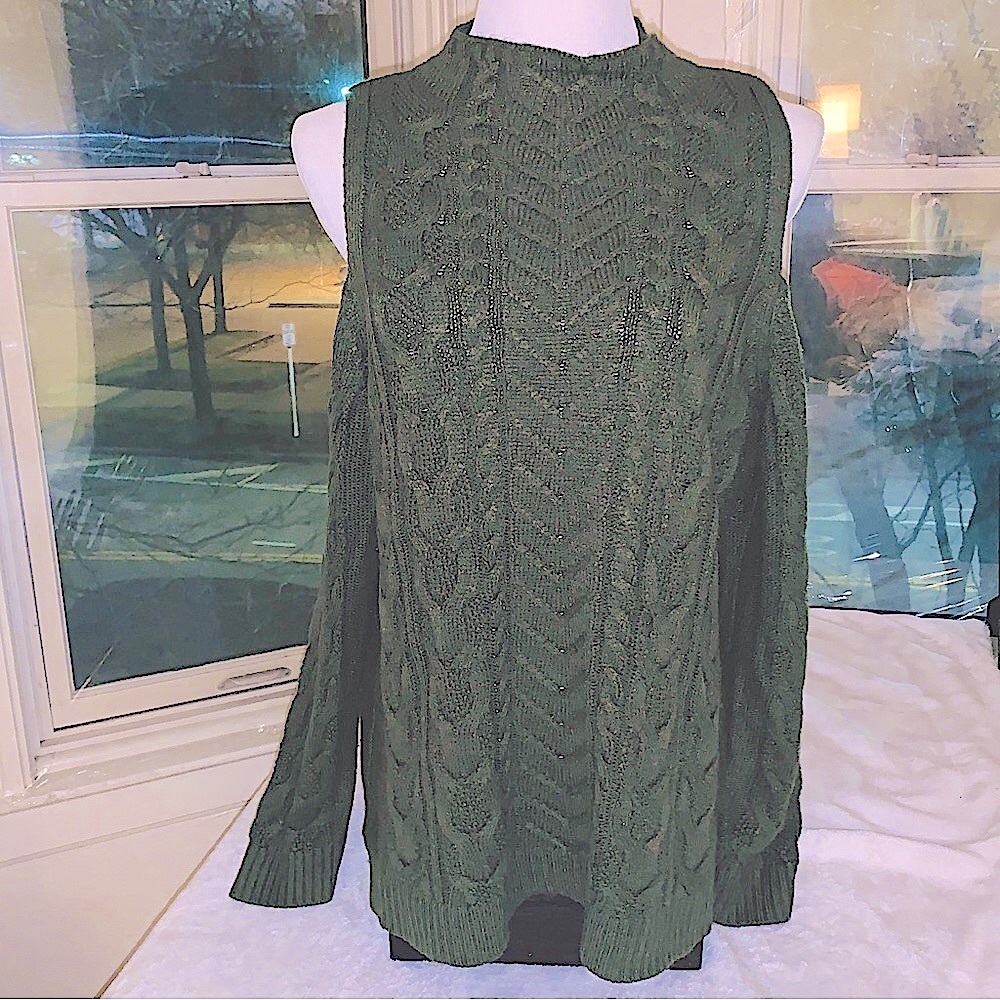 NY & Company Olive Green Knit Sweater with cold shoulders XL - Picture 2 of 10